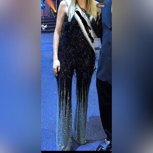 Black sequin strapless jumpsuit with marabou feather trim size Small
